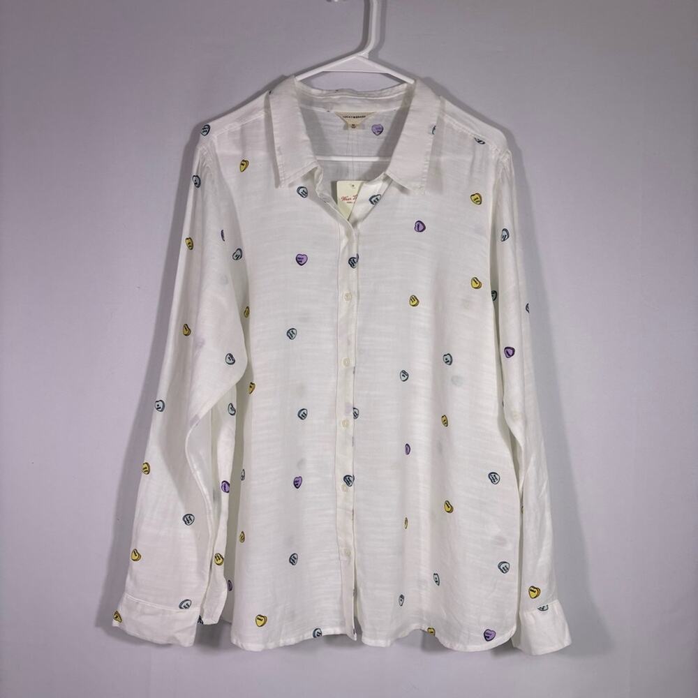 NWT Lucky Brand White Button Down Shirt Colorful Candy Heart Details XL 0711